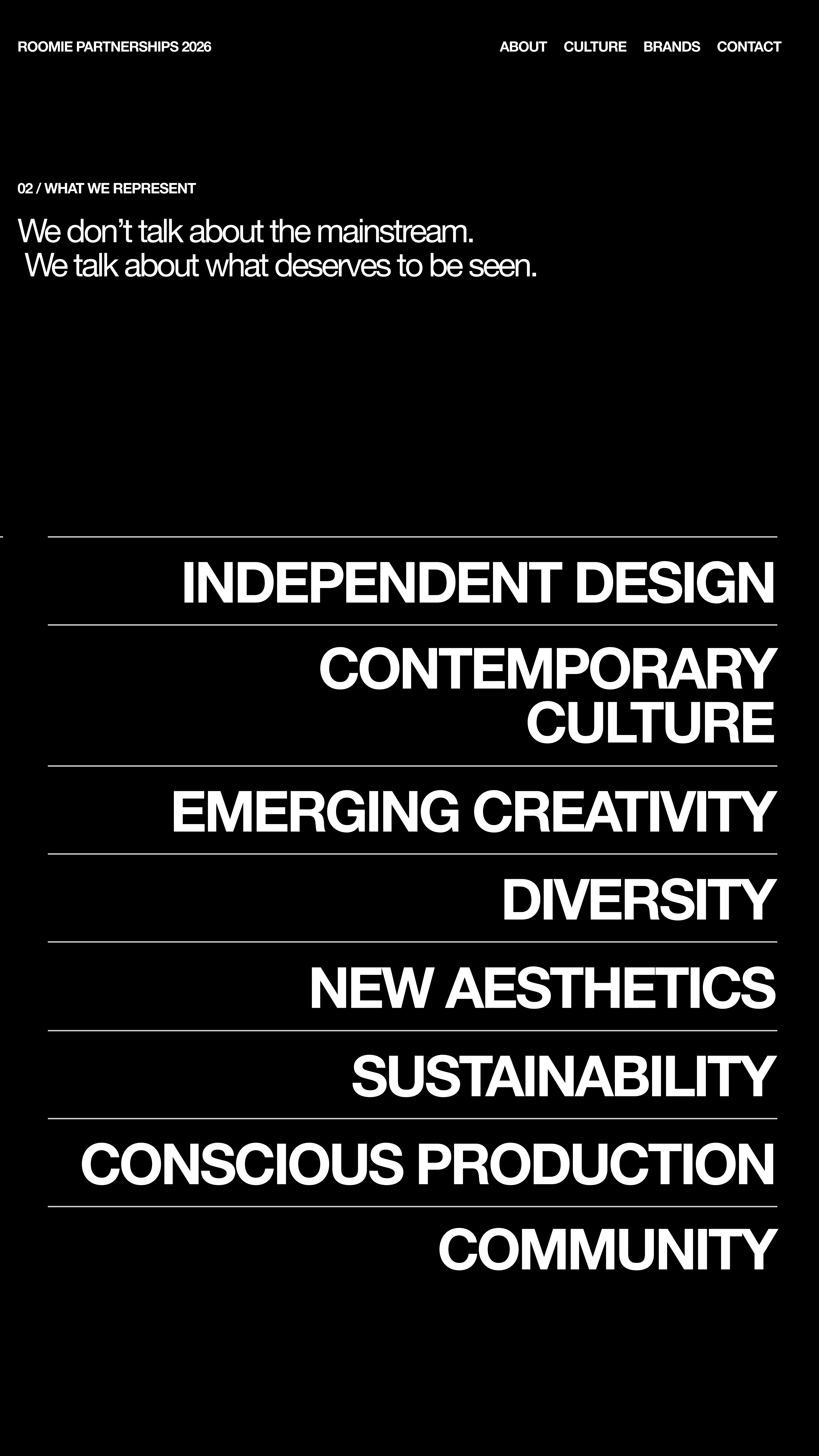 What Roomie represents: independent design, contemporary culture, emerging creativity, diversity, new aesthetics, sustainability, conscious production, and community.