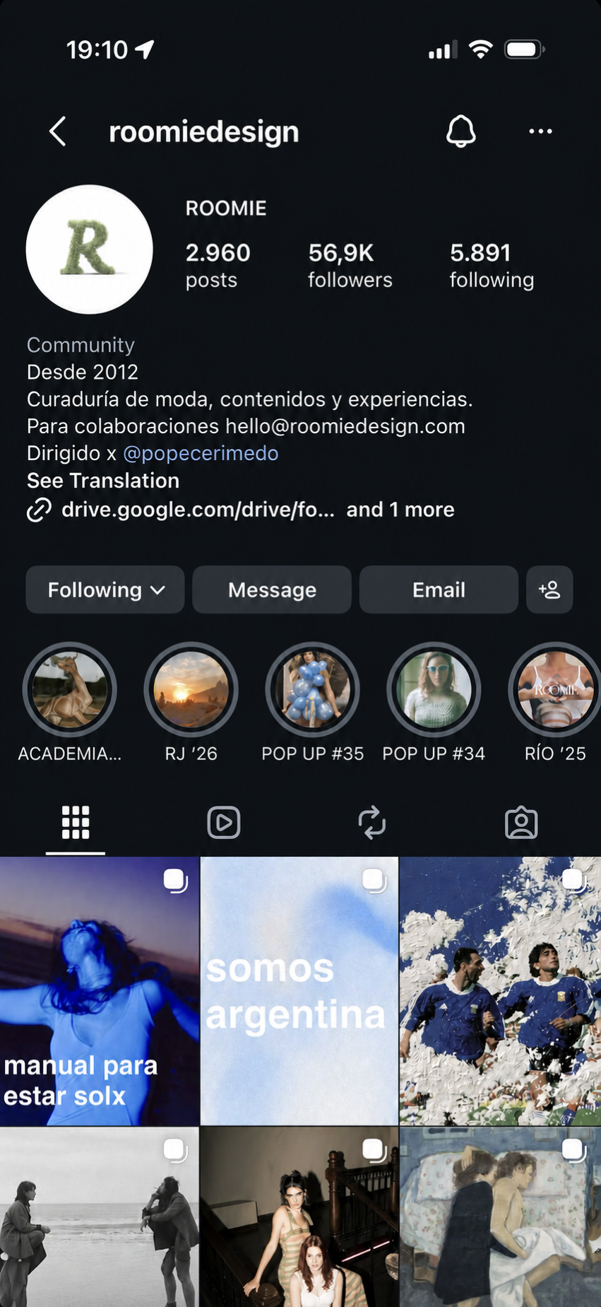 Perfil de Instagram de Roomie Design.