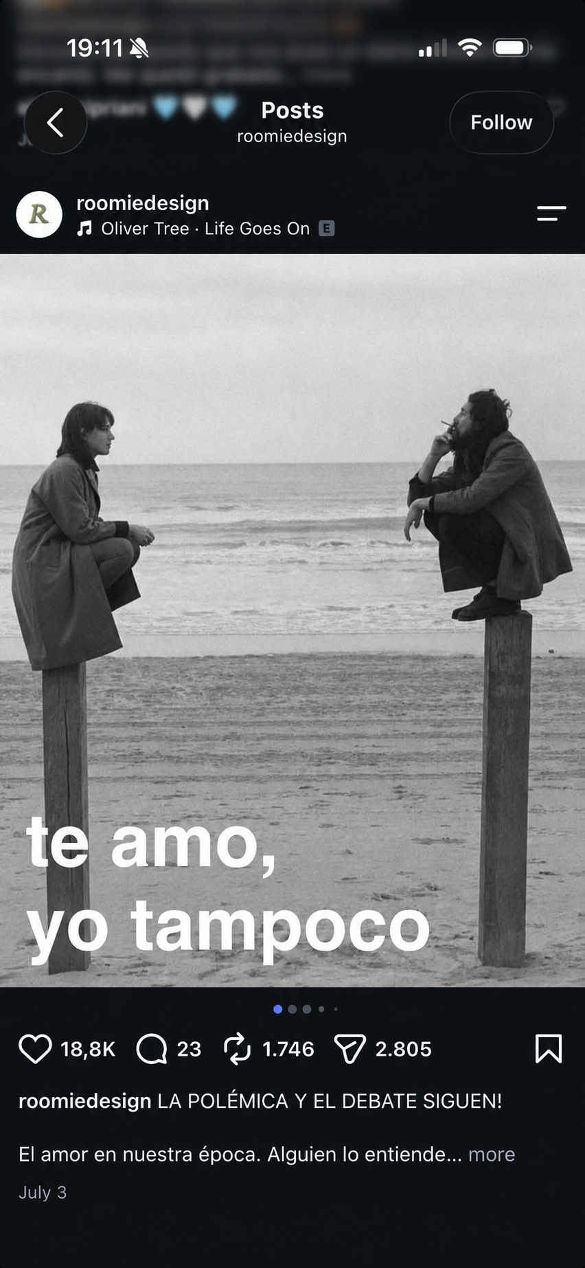 Resultados del contenido Te amo, yo tampoco en Instagram.
