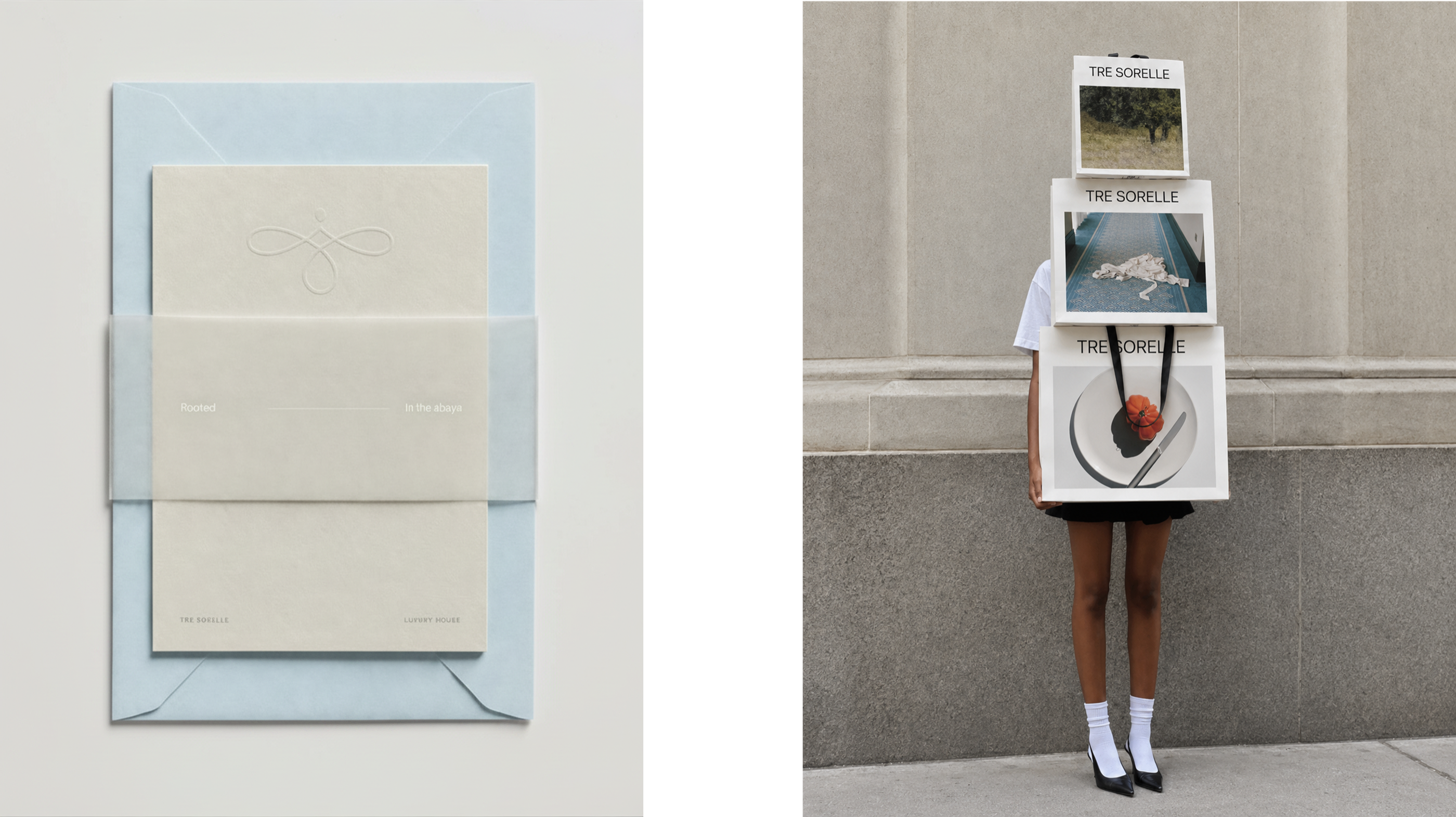 Tre Sorelle stationery and branded shopping bag mockups.