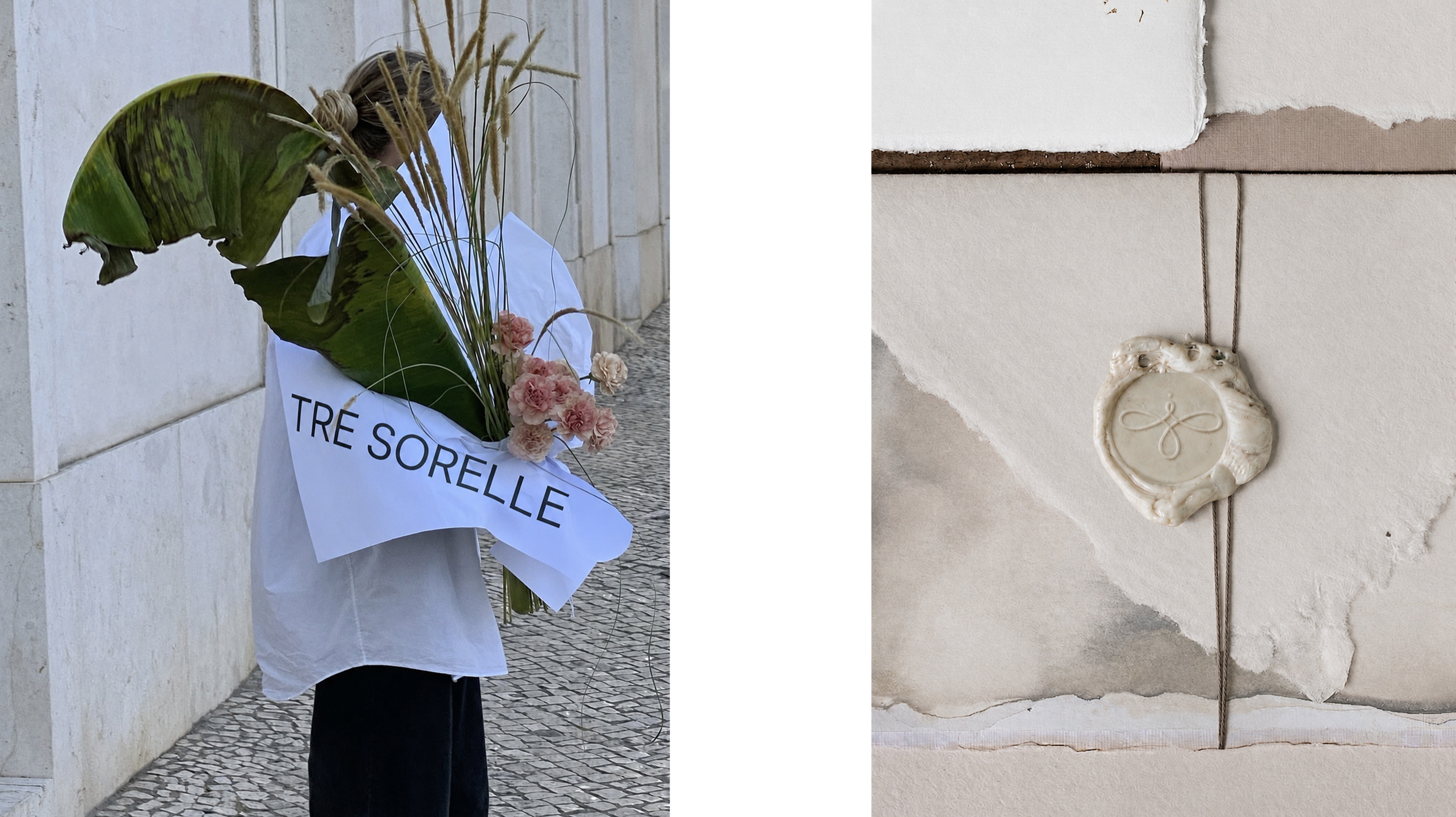 Tre Sorelle floral wrapping and embossed wax-seal mockups.